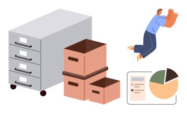 Çekmeceli dosya dolabı, karton kutular, kutu taşıyan adam ve pasta grafiği bilgileri. Depolama, veri, lojistik, işyeri organizasyon yönetimi planlaması için ideal. Basit düz