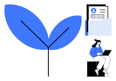 Mavi yaprak büyümeyi sembolize ediyor, analitik dosya dizini, dizüstü bilgisayarda çalışan kişi. Teknoloji, doğa, büyüme, eğitim, veri ticareti ve çevre konuları için idealdir. Basit düz metafor