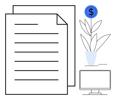 Belge yığını, dolar sembollü bir çömlekte çiçek açan para fabrikası ve bilgisayar monitörü. Finans, yatırım, iş planlaması, verimlilik, iş-yaşam dengesi büyüme eğitimi için idealdir. Basit.