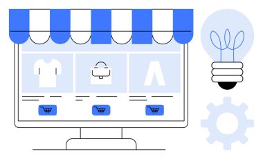 Elektronik mağazası olan bilgisayar ekranı, çizgili tente, mağaza simgeleri, yeniliği temsil eden ampul, vites simgeleme süreci. Perakende, yenilik, teknoloji, çevrimiçi alışveriş pazarlaması için ideal