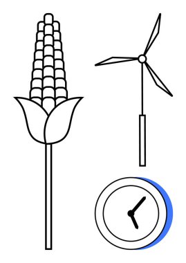 Mısır santrali, rüzgar türbini ve saat yenilenebilir kaynakları, sürdürülebilir enerjiyi, tarımı ve zamanı vurguluyor. Çevre bilinci, yeşil enerji, çevresel koruma için ideal