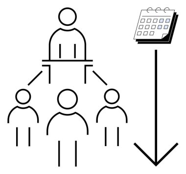 Podyumun lideri takım üyelerine çizgiler üzerinden bağlı, takvim bir zaman çizgisi ya da planlama sembolü. Yönetim, takım çalışması, programlama, liderlik, organizasyon, heyet için ideal, basit daire