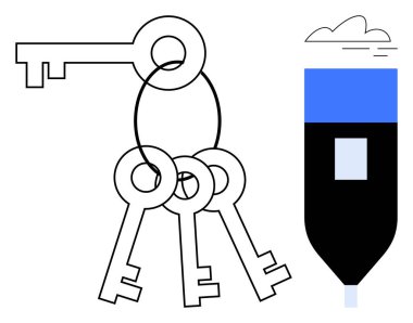 Metal bir yüzükteki dört anahtar, notalar ve röfleler için mavi uçlu bir işaretle yan yana. Güvenlik, organizasyon, yaratıcılık, erişim, problem çözme, planlama, fikirler için idealdir. Basit düz metafor