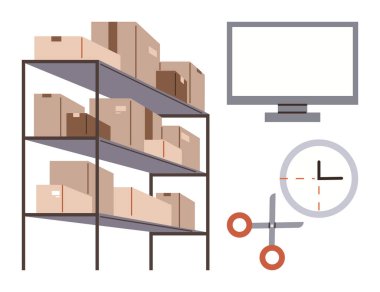 Kutulardan oluşan raflar, ekran, saat ve makas, depolama, üretkenlik, zaman yönetimi ve envanter kontrolü temalarını betimler. Lojistik ve tedarik zinciri depolama programı için ideal