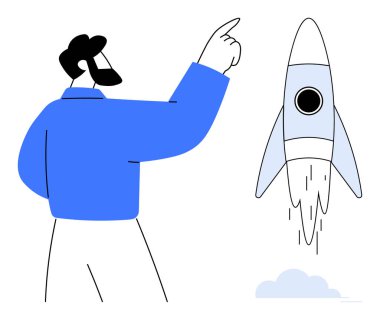 Mavili adam bulutlu bir roketi işaret ediyor, yenilik, büyüme, liderlik, ilerleme, hırs, girişim ve strateji planlamasını temsil ediyor. Basit bir düz metafor için ideal.