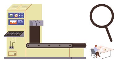 Endüstriyel taşıma makineleri, detaylı kontrol paneli, büyüteç ve diyagramları inceleyen işçiler. Üretim süreci, kalite kontrolü, verimlilik, veri denetimi, otomasyon için ideal