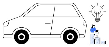 Küçük araba taslağı, dizüstü bilgisayarda çalışan, dizüstü bilgisayarında ampul yakan biri. Yenilik, eğitim, yaratıcılık, ulaşım, hareketlilik çözümleri, çevre dostu