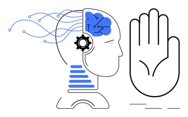 Dijital beyni, dişlileri ve yükseltilmiş el hareketlerinin yanında akan veri hatları olan insan kafası. Yapay zeka, etik, teknoloji, karar verme, yenilik ve kontrol konuları için idealdir. Basit düz