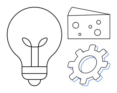 Ampul, delikli peynir dilimi ve dişli ana hatları yenilik, yaratıcılık, üretkenlik, mühendislik, problem çözme, girişimcilik ve basit bir düz metafor olarak yenilik anlamına gelir.