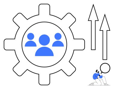 Bir grup insan sembolü, büyümeyi simgeleyen büyük oklar, ve küçük kaldırma çemberi. Büyüme, takım çalışması, işbirliği, yenilik, ilerleme, strateji için ideal basit düz metafor