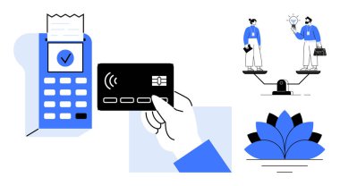 Ödeme terminalinin yanında bir kart tutuyor, terazide dengeli iş rolleri oynuyor, nilüfer çiçeği açıyor. Finans, eşitlik, ticaret, yenilik, basitlik teknolojisi için ideal. Basit düz