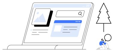 Laptop ekranı resim ve içerik önizlemeli arama sayfasını gösteriyor. Sırt çantalı biri ağacın yanında yürüyor. Arama, keşif, internet, içerik keşfi, eğitim ve seyahat için ideal