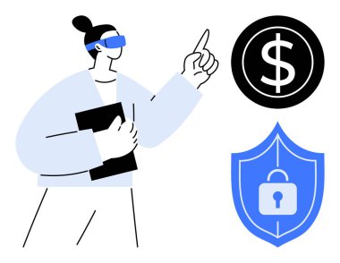 Sanal gerçeklik gözlüklü bir adam elinde tablet, bir dolar simgesini ve kilitli bir kalkanı gösteriyor. Teknoloji, finans, yenilik, güvenlik, sanal gerçeklik, iş eğitimi için ideal. Basit bir daire.