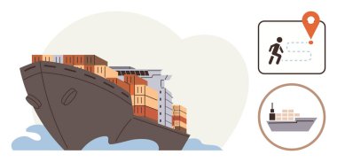 Büyük kargo gemisi su, navigasyon ve takip ikonlarıyla dolu konteynırlarla dolu. Nakliye, lojistik, ulaşım, ticaret, ağ, uluslararası teknoloji işleri için idealdir. Basit.