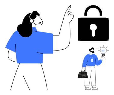 Büyük bir asma kilide doğru hareket eden kişi, güvenliği simgeliyor. Başka bir figür yaratıcı fikirleri temsil eden bir ampul taşıyor. Yenilik, güvenlik, veri koruması, takım çalışması, yaratıcılık için ideal