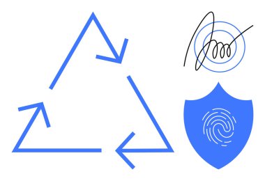 Üçgen geri dönüşüm okları, parmak izli kalkan ve soyut spiral imza sürdürülebilirliği, güvenliği, kimliği ve yeniliği akla getiriyor. Sürdürülebilirlik, biyometrik, güvenlik ve süreç için ideal