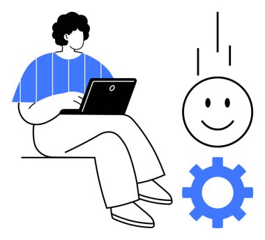 Laptop, yakın vites ve mutlu yüz kullanarak oturan kişi problem çözmeyi, yeniliği, takım çalışmasını ve başarıyı sembolize eder. Üretkenlik, teknoloji, yaratıcılık, motivasyon iş-yaşam dengesi için ideal