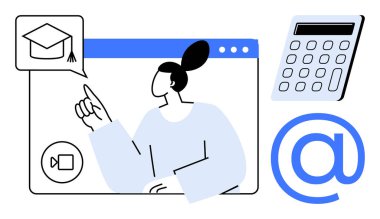 Mezuniyet başlığı, video toplantı simgesi, hesap makinesi ve e-posta sembolü içeren çevrimiçi bir platformda etkileşime giren kadın öğrenme, eğitim, teknoloji, iletişim ve üretkenliği temsil ediyor