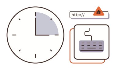 Saat, hata uyarı sembollü URL ve klavye aciliyeti, kötü amaçlı yazılım riski ve çevrimiçi güvenlik. Siber güvenlik, zaman yönetimi, bilişim teknolojisi uyarıları ve gizlilik riski analizi için ideal