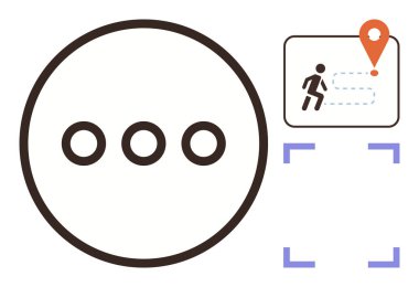 Çemberin içinde üç nokta, bir iğne ile işaretlenmiş bir hedefe giden yürüyüş yolu olan bir harita. Seyahat, yol bulma, tarama teknolojisi, hareket kabiliyeti, keşif, seyahat planlaması için ideal.