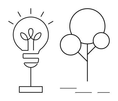İçinde bitki ve ağaç olan çizgi sanatı, yenilik, doğa, büyüme ve enerjiyi vurguluyor. Sürdürülebilirlik, ekoloji, yenilik, yenilenebilir enerji ortamı için ideal yeşil
