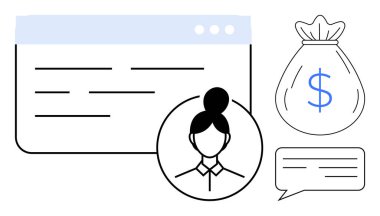 Avatar, web sayfası arayüzü, para çantası ve sohbet balonu kişisel profili, kazancı ve mesajları vurgula. Çevrimiçi finans, iş iletişimi, kullanıcı profili dijital kimlik ağı için ideal