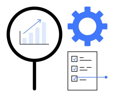 Büyütme camı çubuk çizelgesi büyümesini, dişli ayarları ve kontrol listesi işaretlerinin bütünlüğünü simgeler. Analiz, strateji, üretkenlik, takım çalışması, proje planlaması için ideal, başarı basit düz