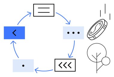 Yuvarlak diyagramda oklar, dikdörtgen şeklinde çeşitli semboller, düşen bir bozuk para ve minimalist ağaç şekilleri var. Çalışma akışı, süreç, iş planlaması, finans, büyüme sürdürülebilirliği için ideal basit