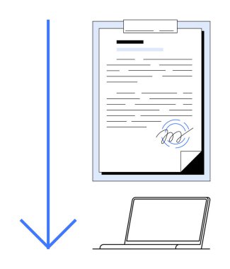 Bilgisayarın altında imzalı belge ve dijital süreci vurgulayan bir ok var. E-imza, iş akışı, ofis görevi, dijital araç, anlaşma, uzaktan çalışma, basit düz metafor