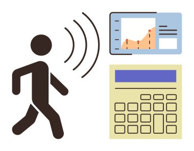 Grafik analizi ve hesap makinesinin yanında veri iletimini sembolize eden dalgalarla yürüyen kişi. Teknoloji, iletişim, yenilik, analitik, akıllı cihazlar, hareket kabiliyeti, verimlilik için idealdir. Basit.