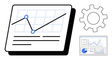 Bir belgeye çizgi grafiği, dişli sembolü ve çizelgeli gösterge paneli. Veri analizi, iş stratejisi, iş akışı, mali genel bakış, performans takibi, sorun çözen basit iniş sayfası için ideal