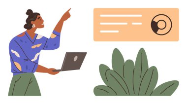 Dizüstü bilgisayar tutan ve veri görüntüleme panelini gösteren bir kadın. İş, eğitim, takım çalışması, sunum, iletişim, analiz, büyüme için ideal. Basit bir düz metafor.