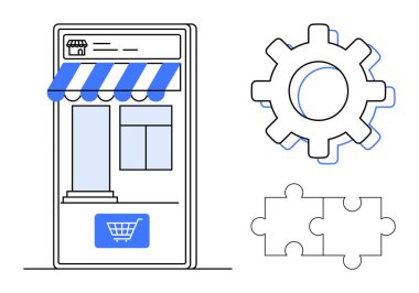 El arabası simgesiyle mobil alışveriş uygulaması mağazası, teknoloji için teçhizat ve işbirliği için yapboz parçaları. E-ticaret, sistem entegrasyonu, çevrimiçi iş, teknoloji, problem çözme için ideal