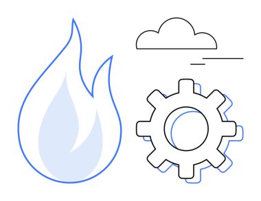 Büyük alev, vites sembolü ve küçük bir bulut. Enerji, sürdürülebilirlik, yenilik, endüstri, teknoloji ortamı ve işlemler için idealdir. Basit düz metafor