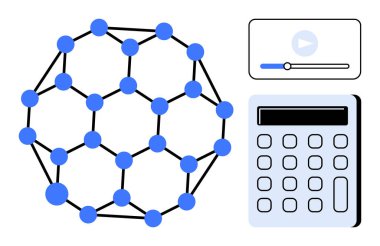 Mavi düğümler, dijital hesap makinesi ve medya oynatıcı arayüzü ile ağ yapısını molekülle parmakla işaretler. Teknoloji, eğitim, analiz, bağlantı, iletişim, yenilik öğrenme için ideal