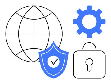Küre, kalkan, şah, teçhizat ve kilit güvenlik, veri koruması, teknoloji ve küresel bağlantıyı vurguluyor. Siber güvenlik teknolojisi inovasyon gizliliği ve çevrimiçi güvenlik için ideal. Basit düz