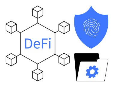 Üzerinde parmak izi ve dişli simgesi olan bir klasör bulunan DeFi etiketli blok zinciri şeması. Finans, siber güvenlik, engelleme zinciri, teknoloji, yenilik, güvenlik, dijital