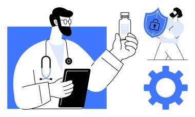 Doktor elinde şişe ve tablet, kalkanı olan bir adam veri güvenliğini vurguluyor, teknoloji konsepti için teçhizat. Sağlık, siber güvenlik, dijital dönüşüm, yenilik, araştırma, tıbbi