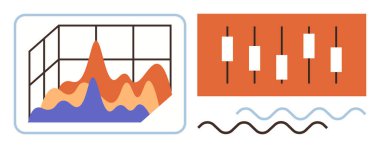 Dalga grafiği, şamdan grafiği, ızgara ve analizi temsil eden finansal göstergeler. Finans, analitik, yatırım, ticaret piyasası eğilimleri istatistik ve veri içgörüleri için ideal. Basit düz
