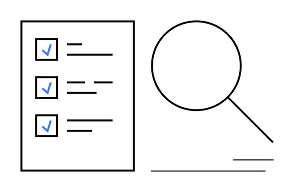 Минимальный дизайн с контрольным листом с синими галочками и увеличительным стеклом, подчеркивающим внимание. Идеально подходит для организации, производительности, аудирования, контроля качества, стратегии, планирования и фокусировки