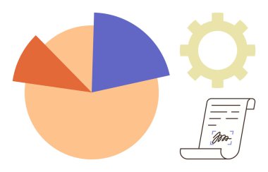 Renkli segmentler, vites sembolü ve imzalı belge analitiği, süreci ve anlaşmayı temsil ediyor. İşletme, finans, istatistik, işlemler için karar verme işlemi için ideal basit