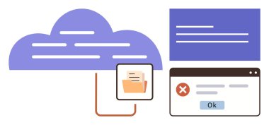 Bir dosya dizinine, tarayıcı hata iletisine ve sistem uyarı paneline bağlı bir bulut. Teknoloji, veri yönetimi, dosya paylaşımı, siber güvenlik, bulut hesaplama, hata işleme dijital için ideal