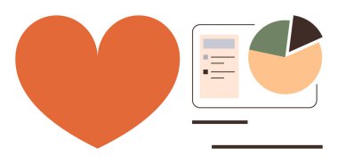 Analitik gösterge panelinin yanında turta grafiği ve kontrol listesi olan büyük kırmızı bir kalp. Sağlık izleme, kişisel bakım, veri takibi, duygusal sağlık, üretkenlik, takım çalışması, basit düz metafor