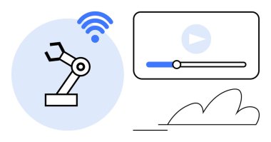 Kablosuz sinyalli robot kol, video oynatıcı arayüzü ve bulut grafiği. Otomasyon için ideal, kablosuz kontrol, yapay zeka, bulut hesaplama, IOT teknolojisi dijital medya. Basit düz metafor