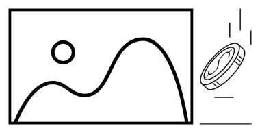 Yanında düşen bir bozuk para ile birlikte çizgiler ve ay manzarası. Fintech, yatırım, kripto para birimi, e-ticaret, çevrimiçi gelir, dijital pazarlama ve teknoloji için ideal. Basit düz metafor