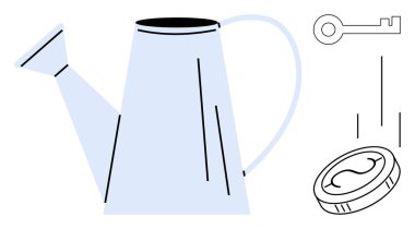 Sulama kutusu, anahtar ve düşen bozuk para yatırımı, çözümleri ve tasarrufu simgeliyor. Finans, yatırım, büyüme fırsatı için ideal eğitim planlama başarısı. Basit düz metafor