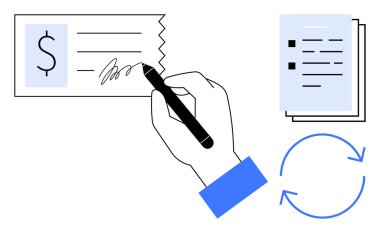 El imzası çeki, belge yığını, geri dönüşüm işlemleri akışını gösteren oklar. Finans, ödeme, işlem, iş akışı, iş bankacılığı verimliliği için ideal. Basit düz metafor