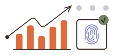 Turuncu çubuklu yükselen çizgi büyümeyi gösteriyor, ilerlemeyi temsil eden üç nokta, onaylanmış güvenlik işaretli parmak izi ikonu. Analiz, finans, veri güvenliği ve büyüme için ideal