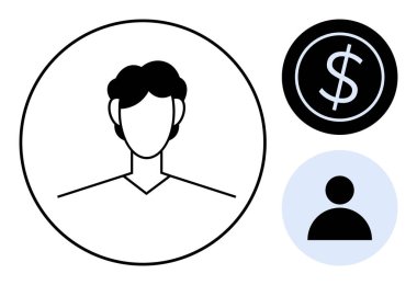 Basitleştirilmiş kişi profili dolar işareti ve kullanıcı simgesinin yanında minimal tasarım. Finans, iş, profil, parasal işlemler, kimlik, uygulamalar, hizmetler için ideal