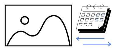 Zamanı, ilerlemeyi ya da zamanlamayı sembolize eden mavi oklu takvimin yanında minimalist manzara çizimi. Zaman yönetimi, planlama, üretkenlik, iş akışı, zamanlama için ideal